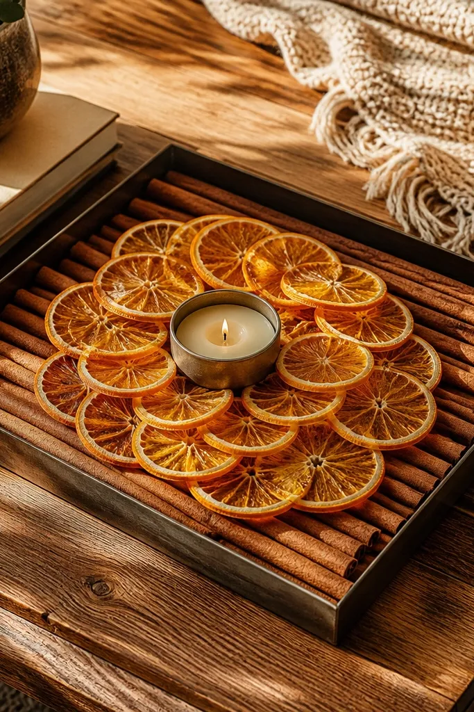 Tray with cinnamon sticks, dried orange slices, and a small candle