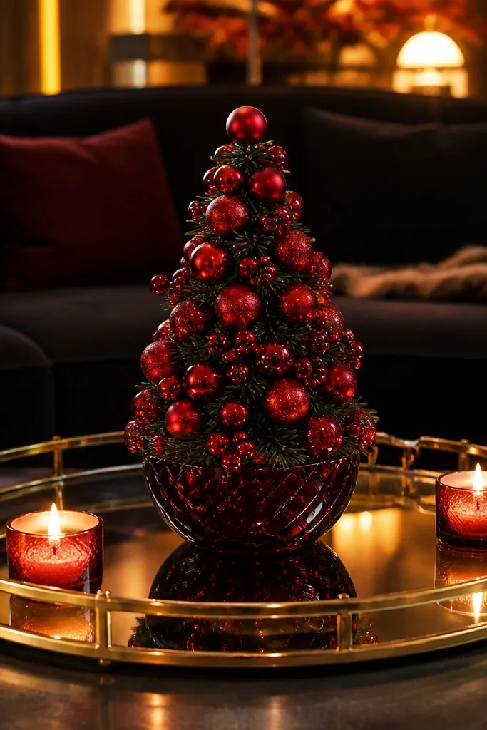 Gold-rim mirrored tray with a small red bauble tree and candles