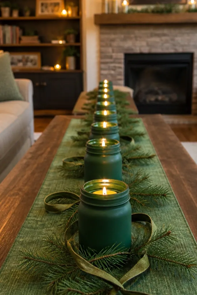 Row of small jars with LED candles on a linen runner