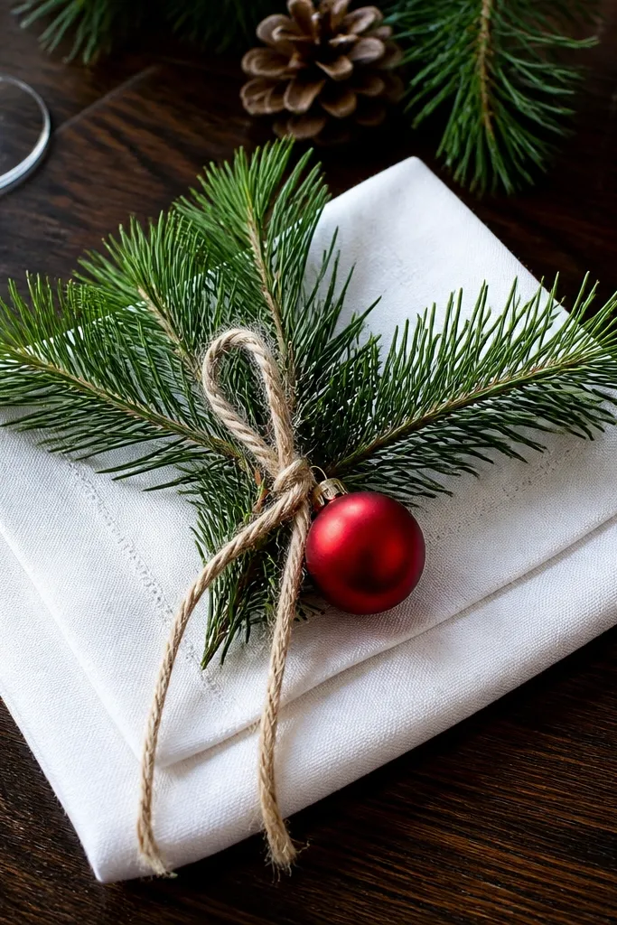 Folded white linen napkin with evergreen sprig knot centerpiece