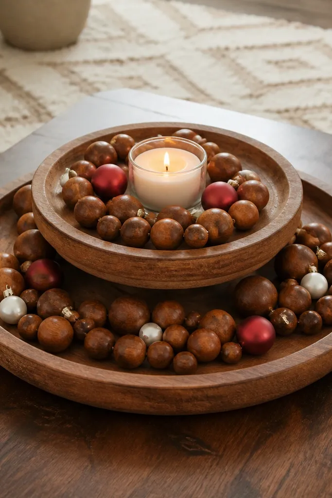 Wooden bead tray with mini ornaments and a small candle