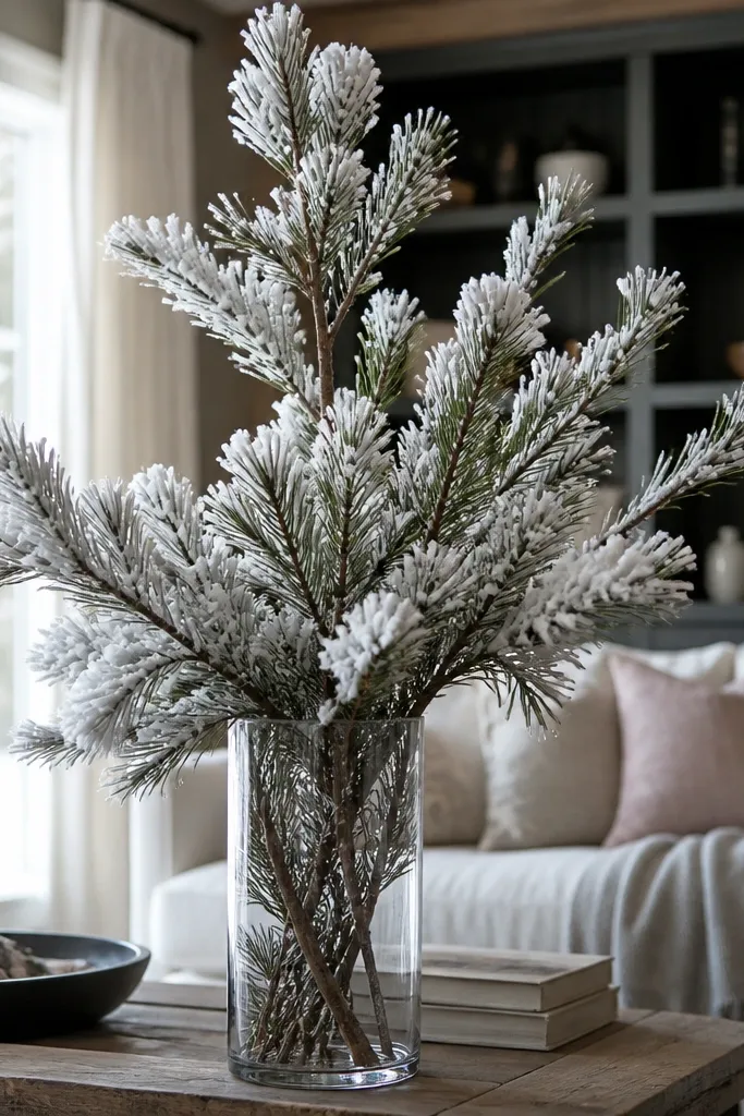 Tall vase with frosted pine branches and white filler