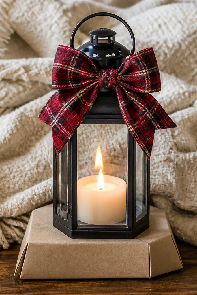 Red plaid bow on a lantern with kraft paper base