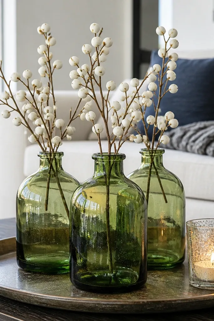 Group of green glass bottles with white berry stems on a tray