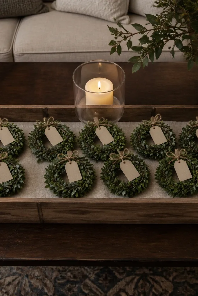 Mini wreath place-card style decor on a tray with candles