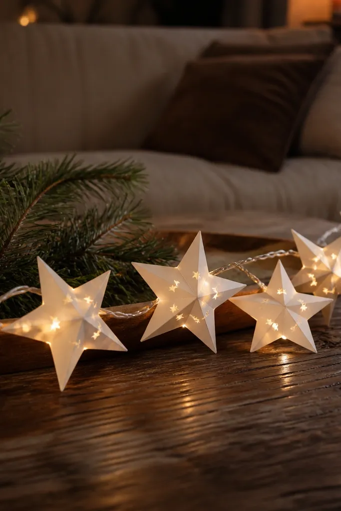 Folded paper star garland laid across a tray with warm lights