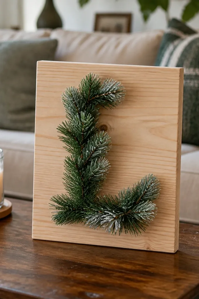 Wood board with pine greenery shaped like a letter and a ribbon bow