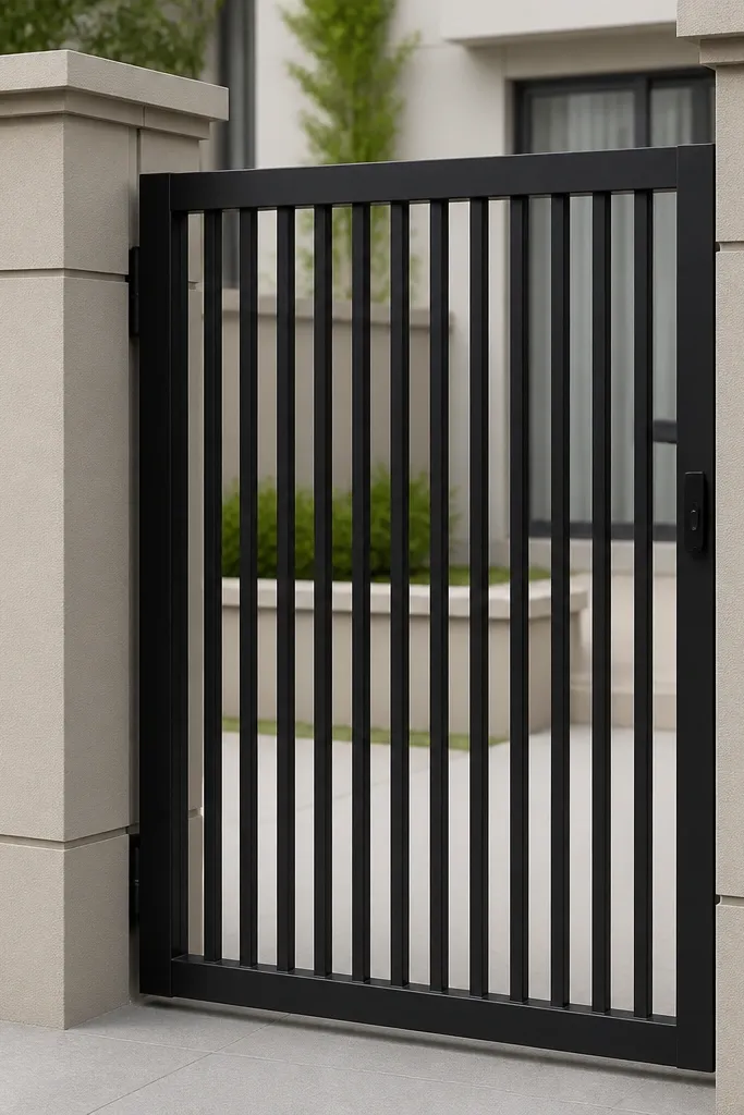 Black metal gate frame with evenly spaced vertical bars