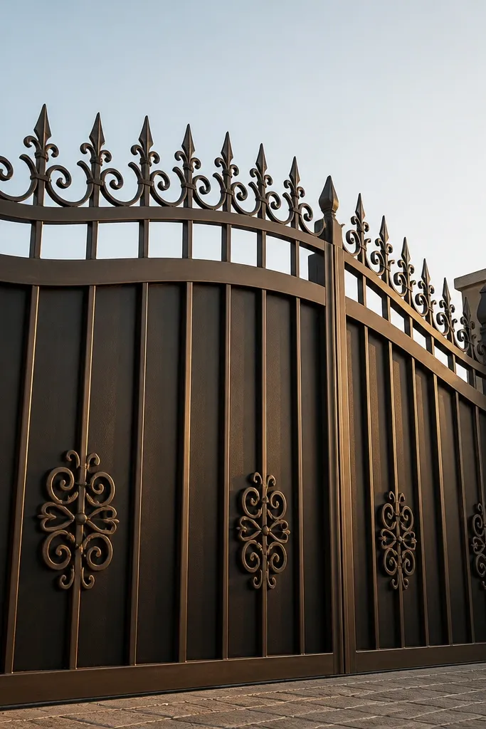 Brown wrought iron gate with a curved top bar and two panel tones