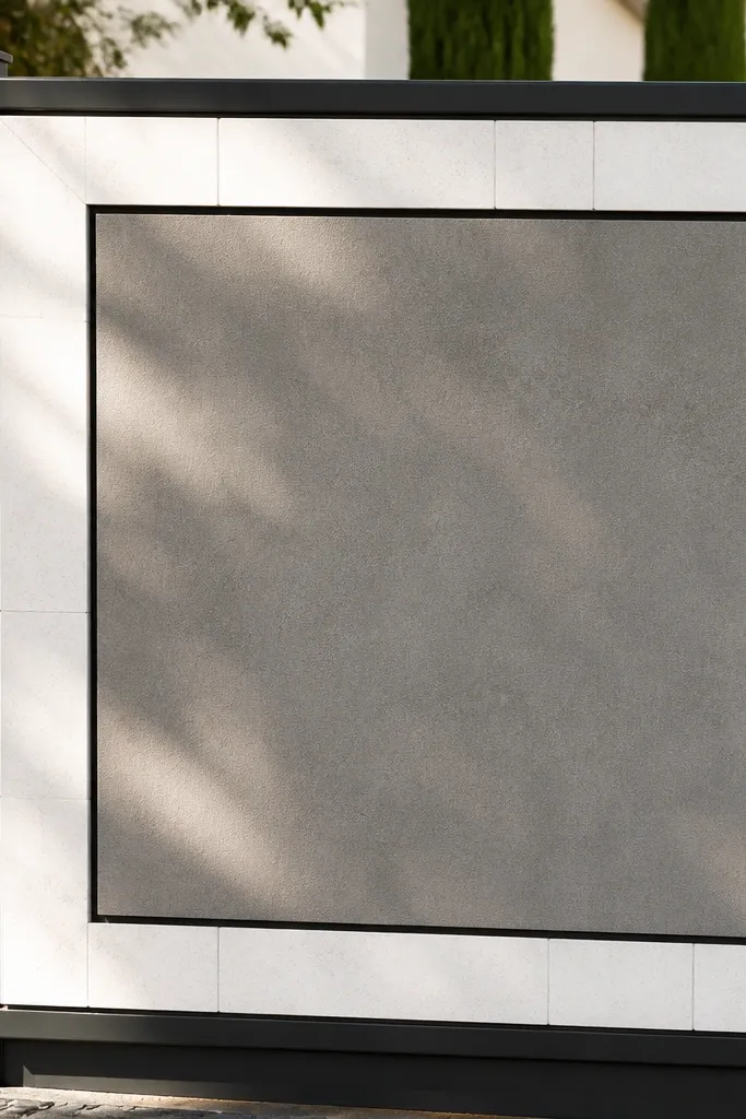 Concrete gate panel with a white tile border line and dark frame