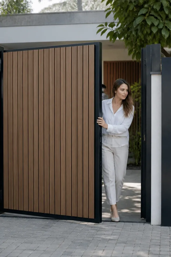 Black metal gate frame with vertical wood-look slats