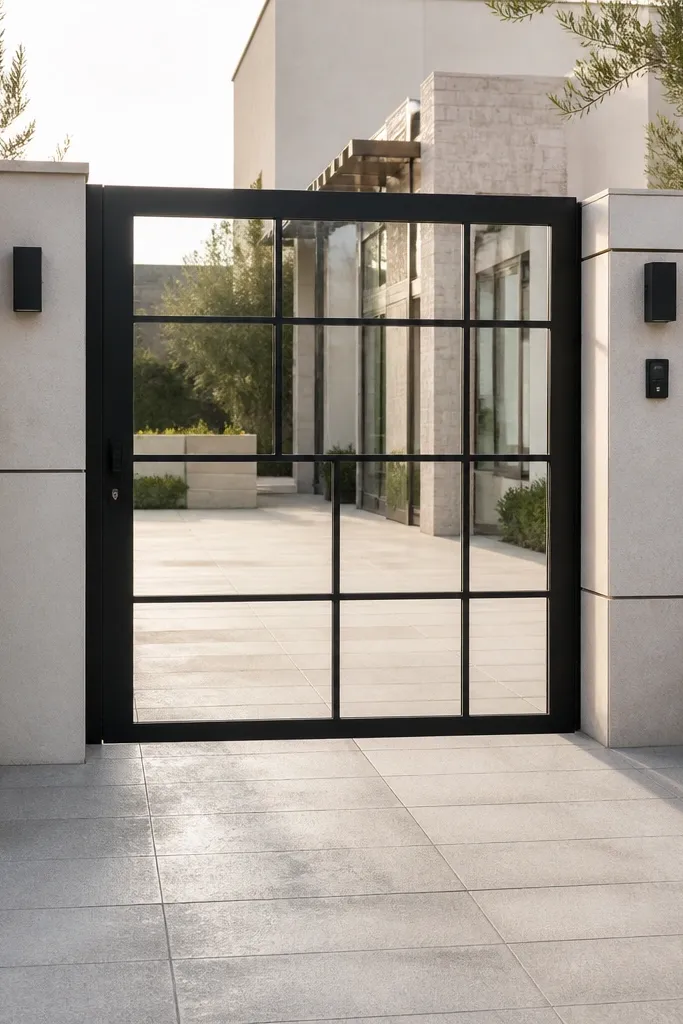 Black grid metal gate with a rectangular glass insert