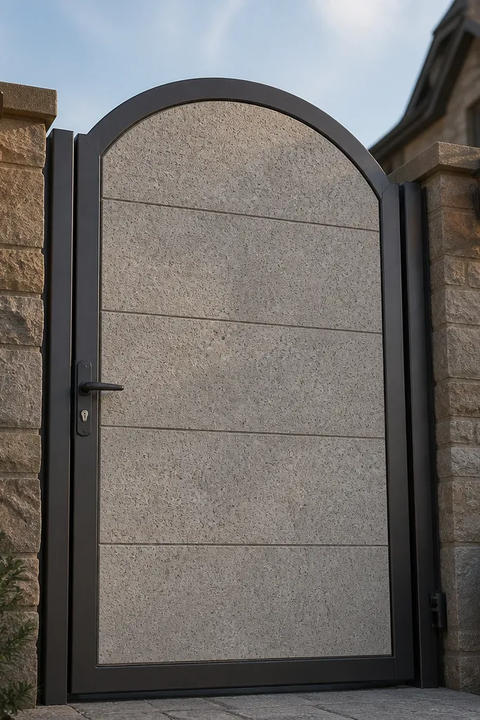 Gate with arched top and stone-look cement infill panel