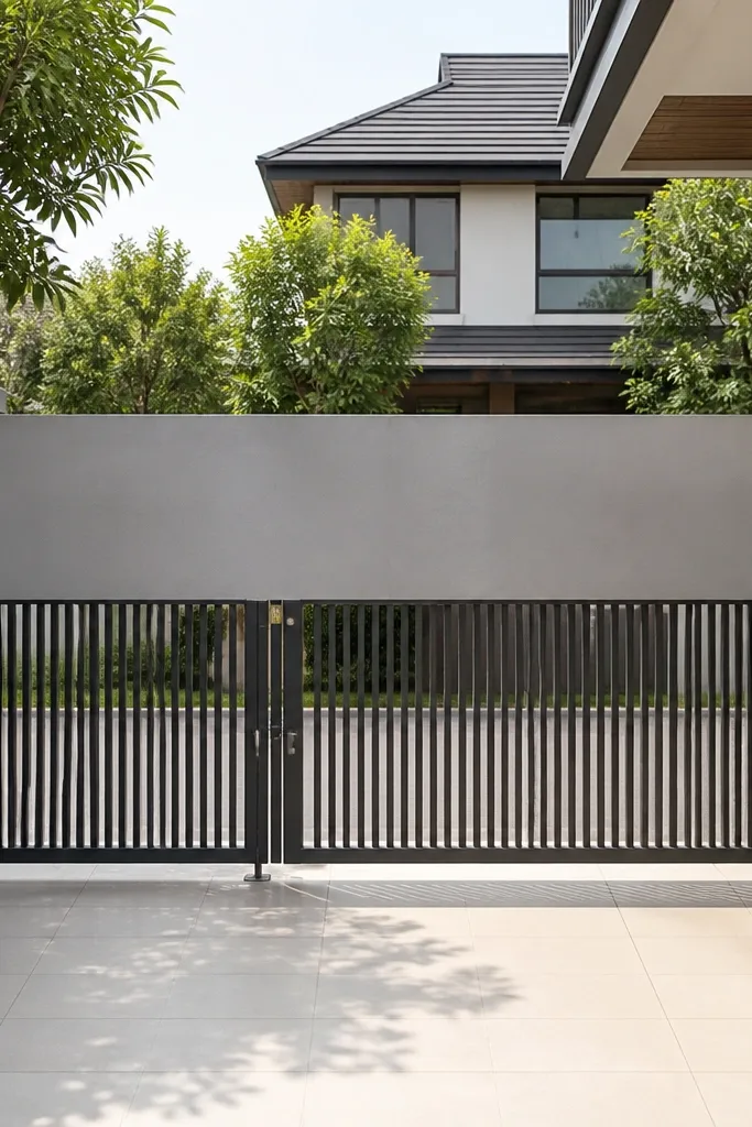 Gate with slats on the bottom half and solid panel on top