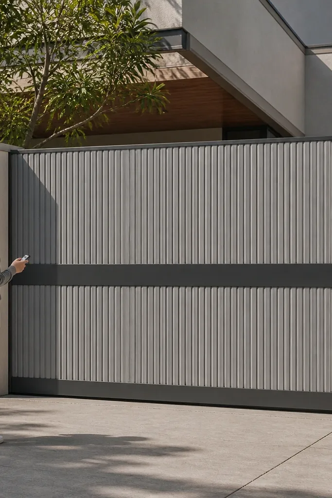 Gate with vertical ribbed panels and one horizontal accent strip