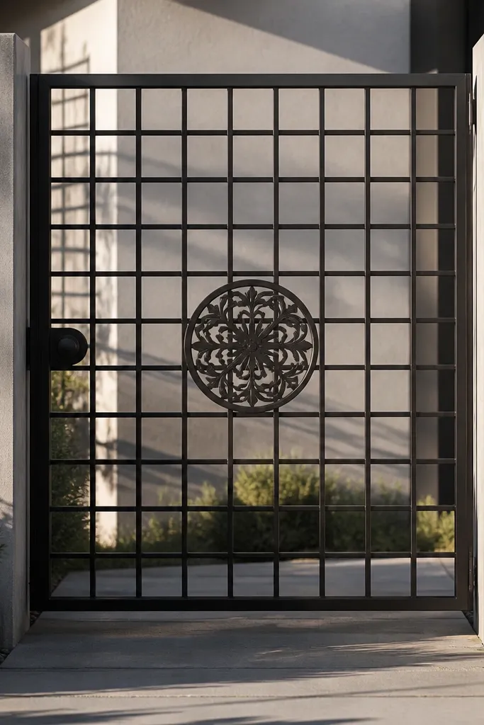 Iron gate trellis pattern with a small center decorative medallion