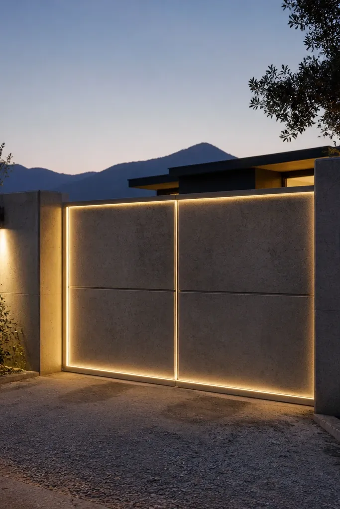 Gate frame with a slim recessed LED line along the border