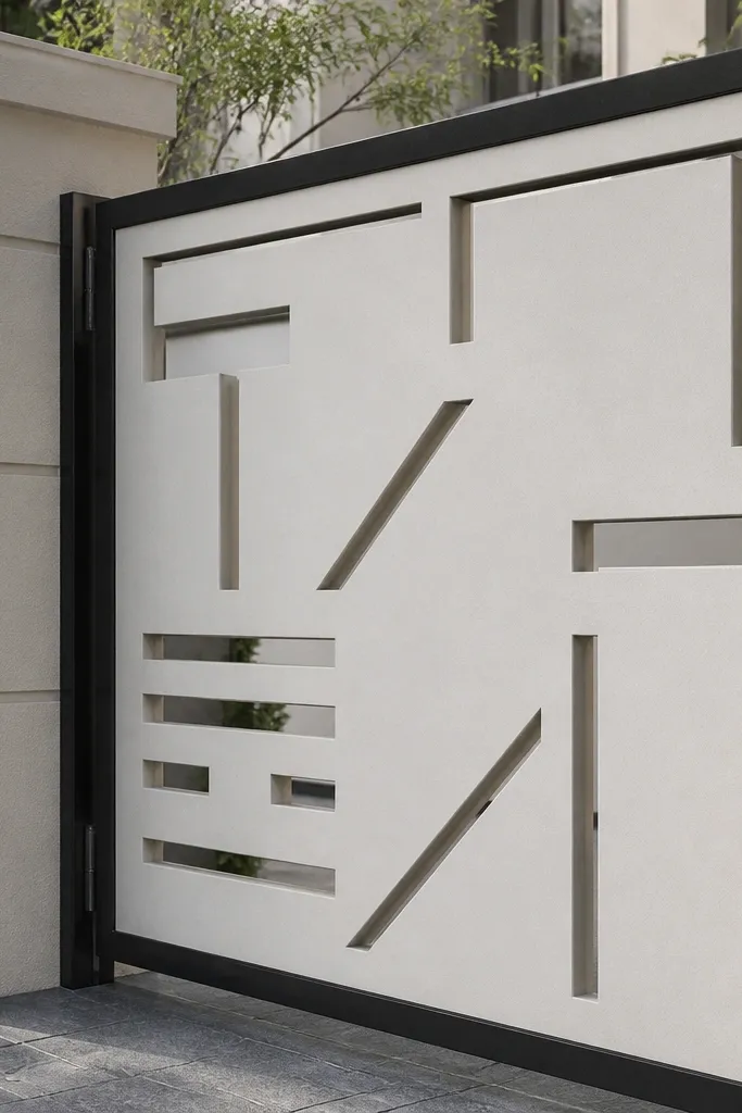 White gate with dark outline and geometric cutout window shapes