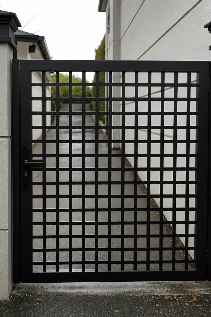 All-black gate with square bar lattice grid pattern