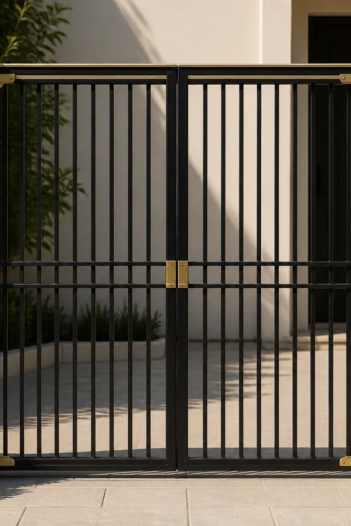Black bar gate with gold-colored decorative corner accents