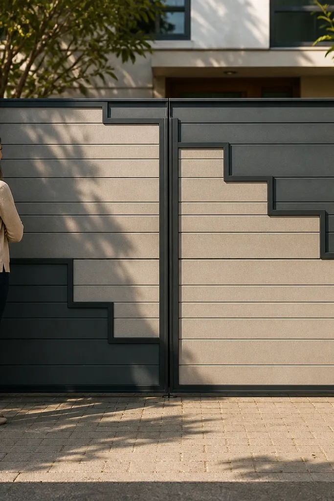 Gate with stepped horizontal panel levels in a clean grid