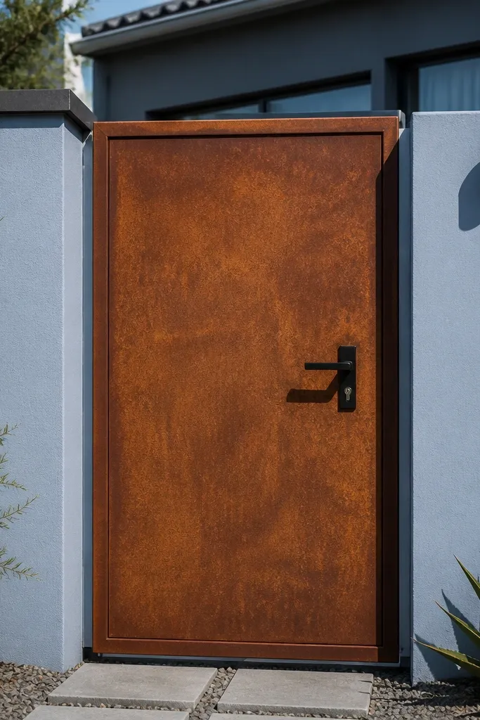 Rust-colored metal gate with smooth frame and simple vertical bars