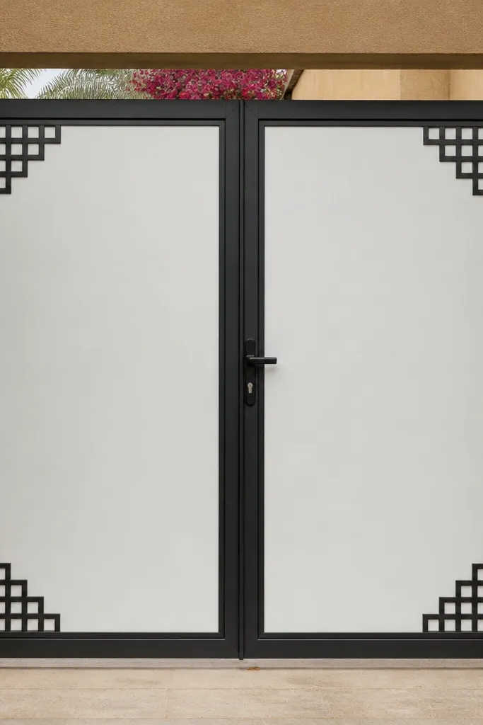 Matte white gate with black border and small lattice squares at corners