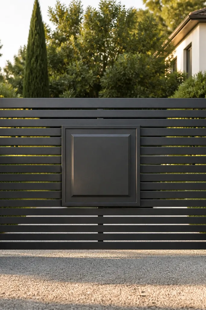 Gate with horizontal slats and a raised center decorative badge