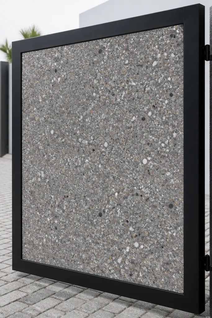 Gate with stone-aggregate cement panel and black metal edge frame