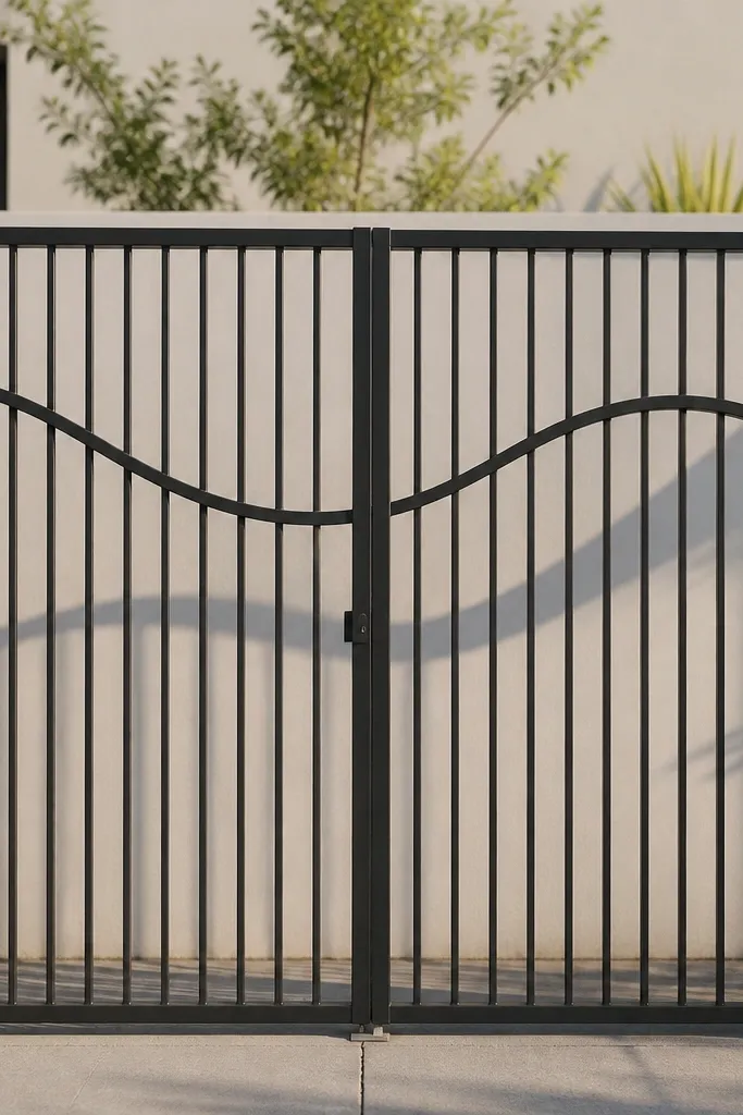 Slim bar gate with a wave-shaped decorative metal line near the top
