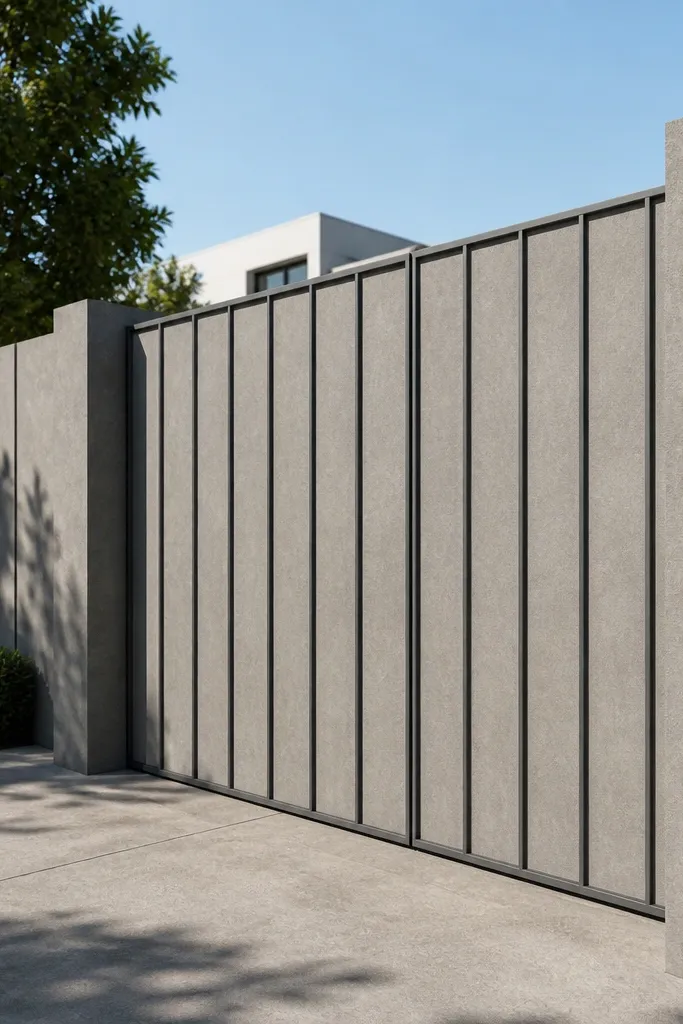 Cement gate panel with embedded metal vertical ribs lines