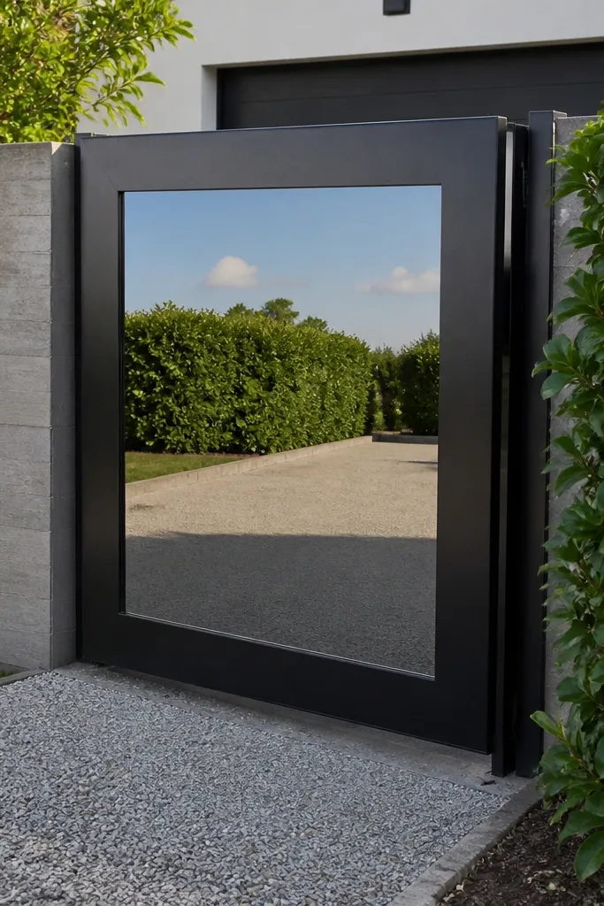 Black framed gate with a reflective panel in the center