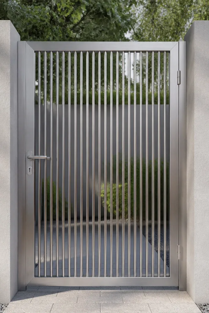 Brushed stainless steel rods gate with minimal frame