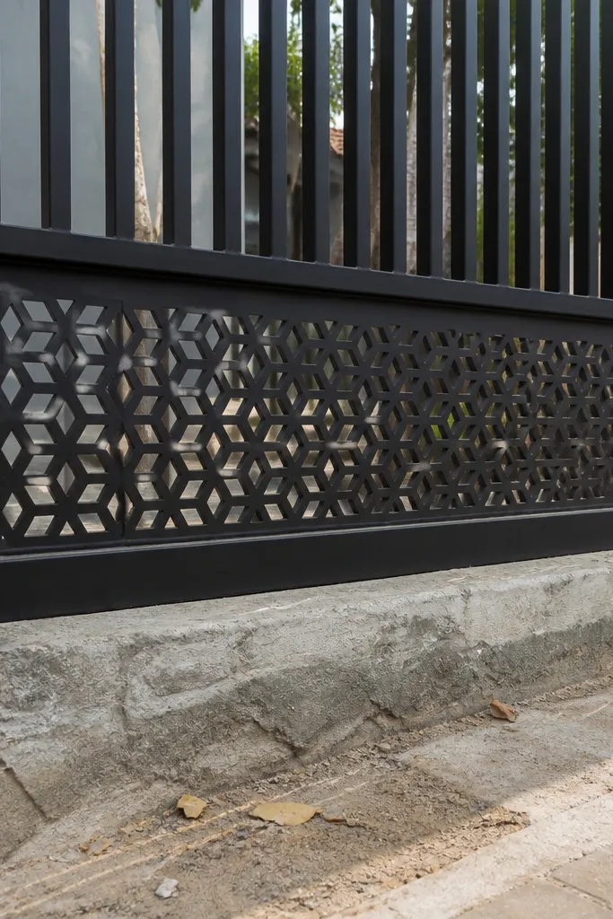 Black slat gate with a patterned metal kickplate at the bottom