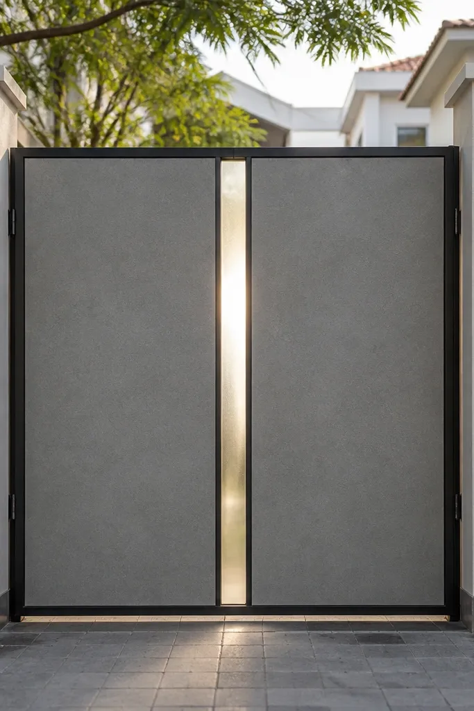Solid gate with a slim vertical glass strip in the center
