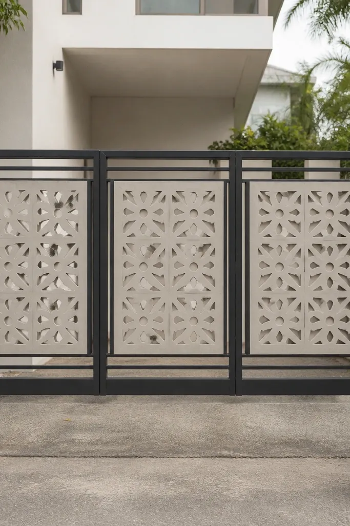 Gate with three repeating cement tile blocks on a dark frame