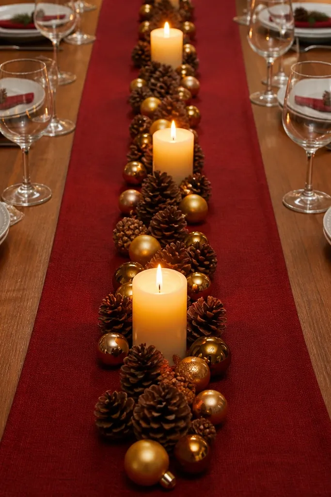 Green runner with pinecones and three gold dotted ornaments beside candles