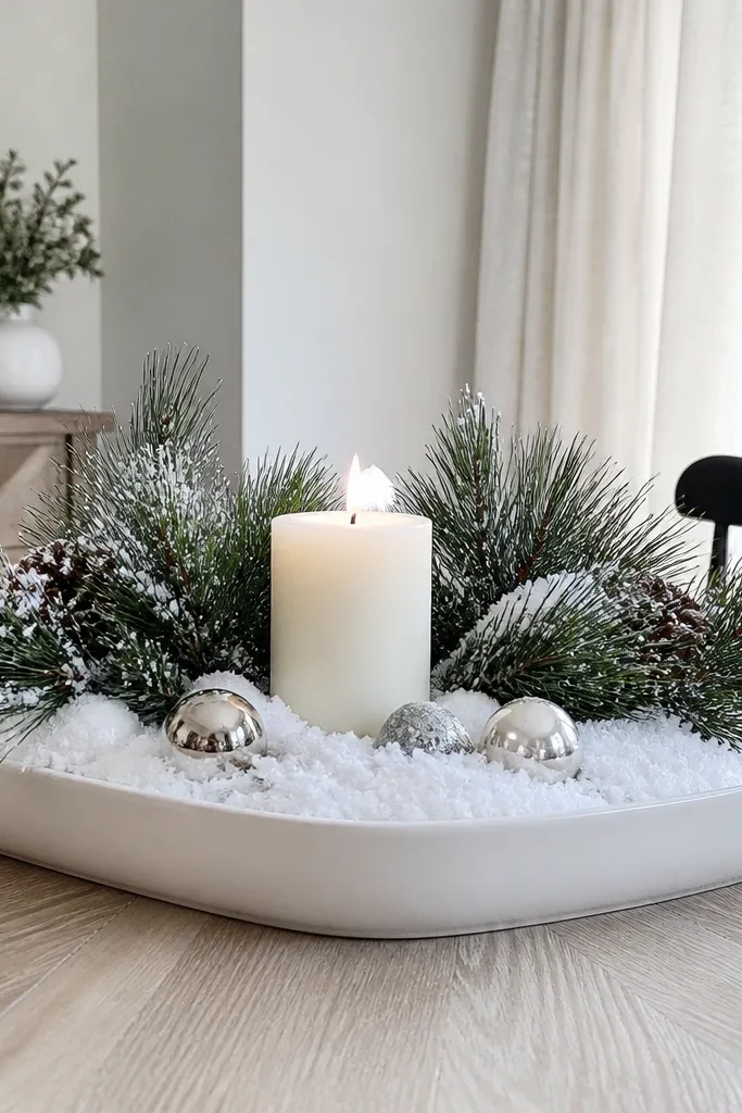 White tray holding faux snow, pine branches, and a single glowing candle