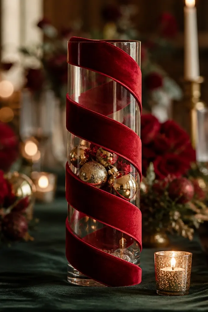 Clear glass vase wrapped with red velvet ribbon spiral and small ornaments