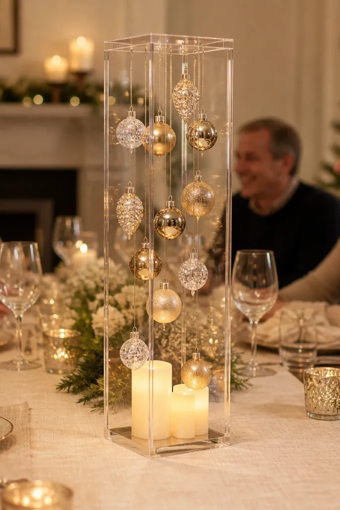Clear acrylic column with hanging ornaments and two battery candles
