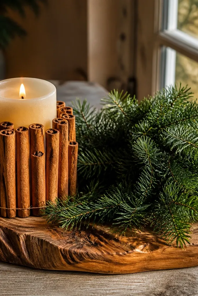Wood slab centerpiece with cinnamon sticks, evergreen spray, and a single candle