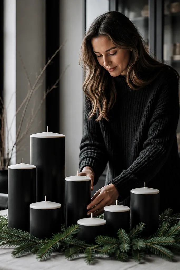 Black and white candle cluster with pine sprigs on a light table runner