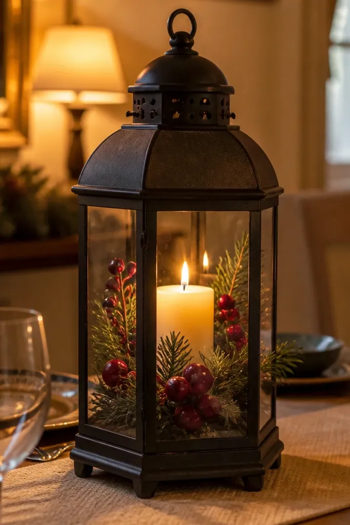 Metal lantern with greenery and faux berries sitting on a table runner