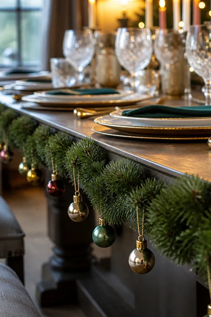 Small evergreen garland along table edge with hanging ornaments spaced evenly