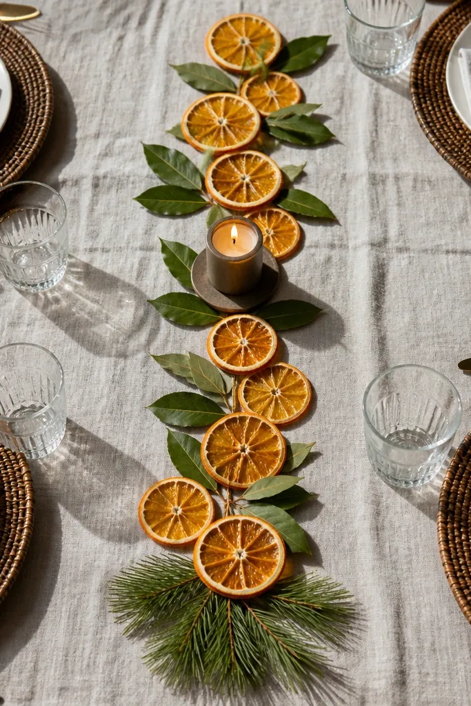 Runner center strip with dried orange slices, bay leaves, and a candle