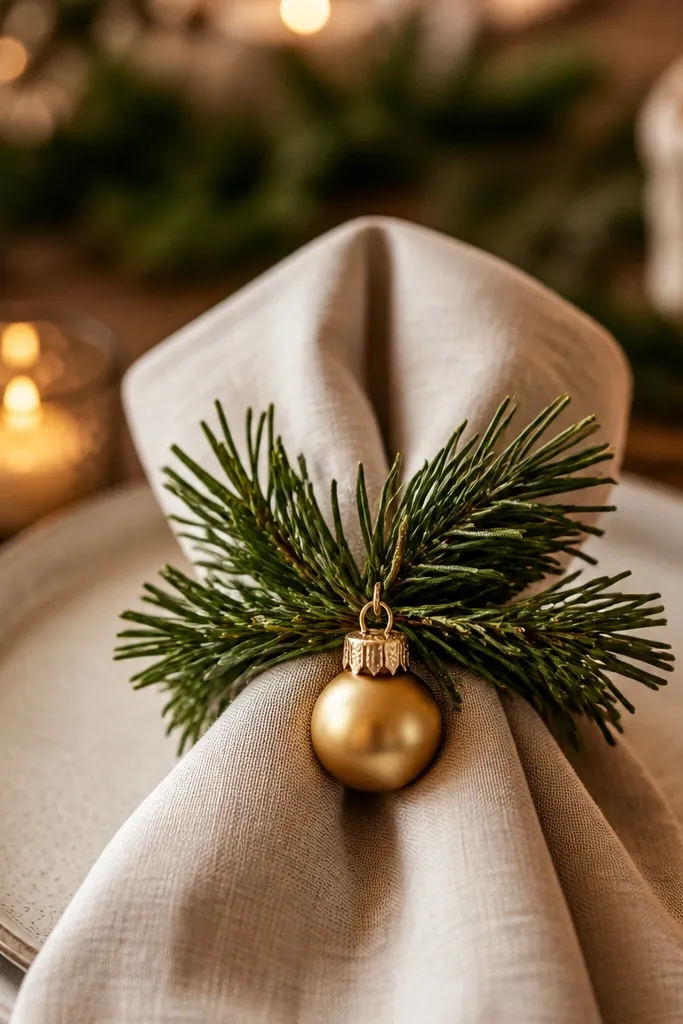 Each plate has evergreen napkin ring with mini ornament and small pine sprig
