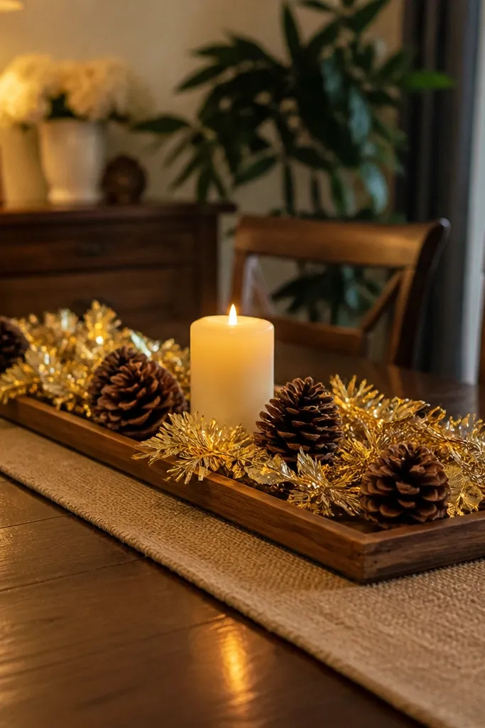 Long tray with gold foil garland draped and pinecones clustered