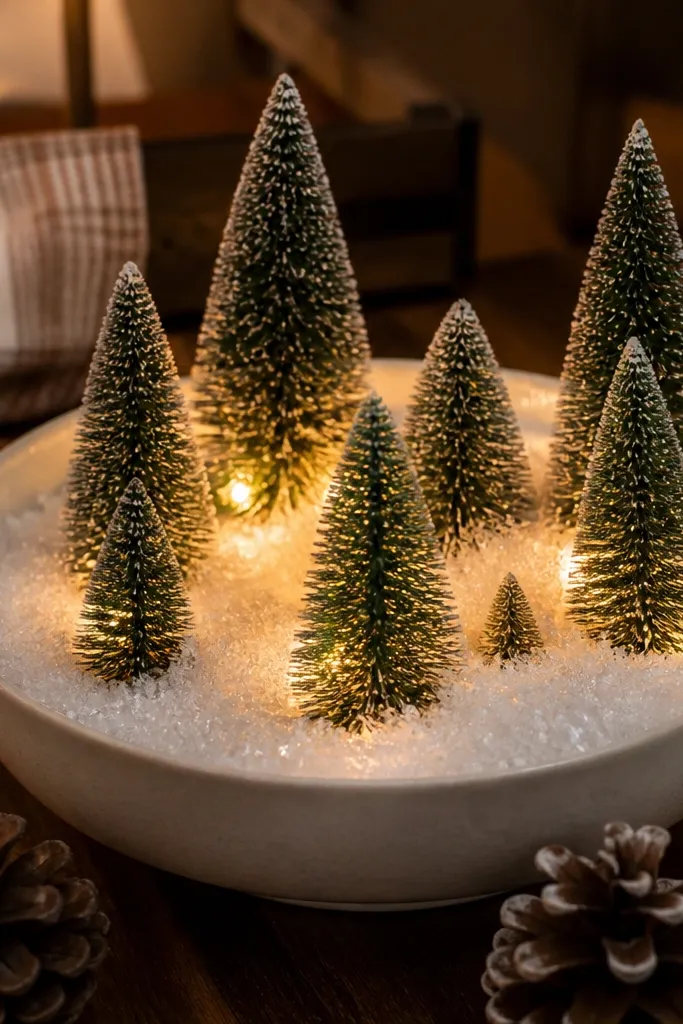 Large bowl with faux snow, mini trees, and warm white lights