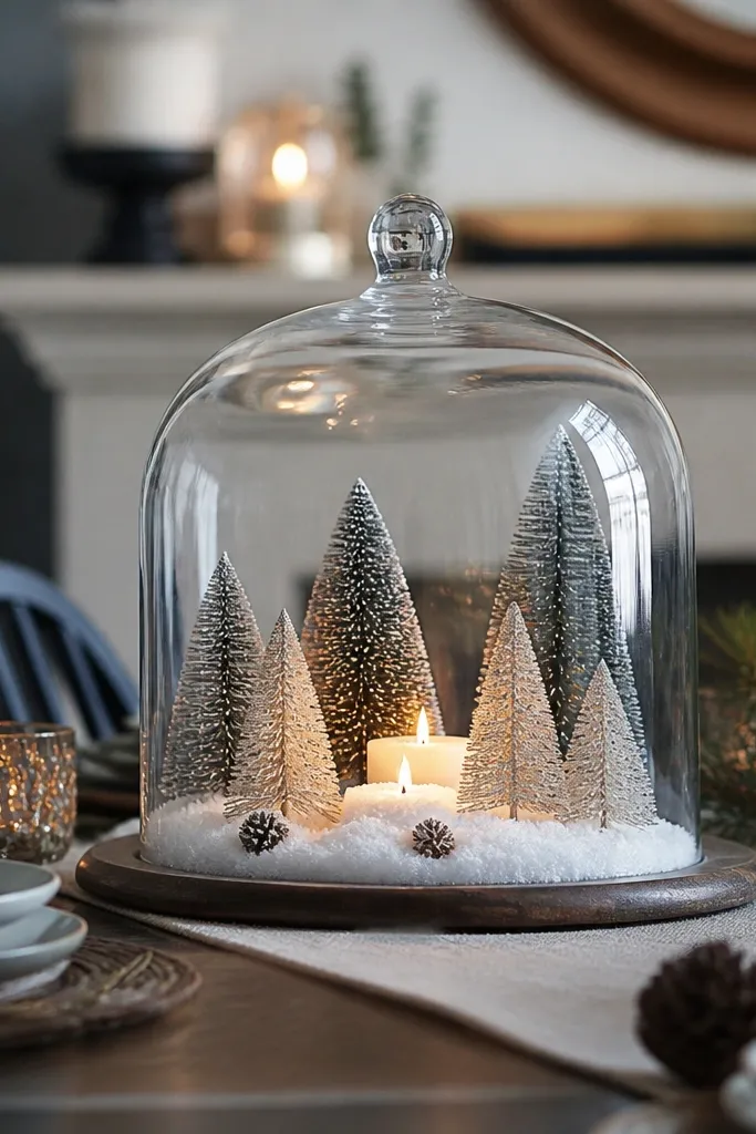 Glass cloche over faux snow, mini trees, and a candle on a tray