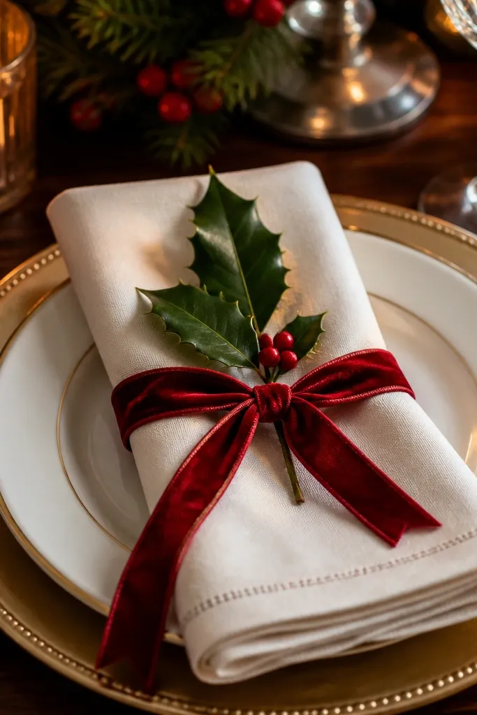 Folded napkin with holly leaf pin and red velvet ribbon tie
